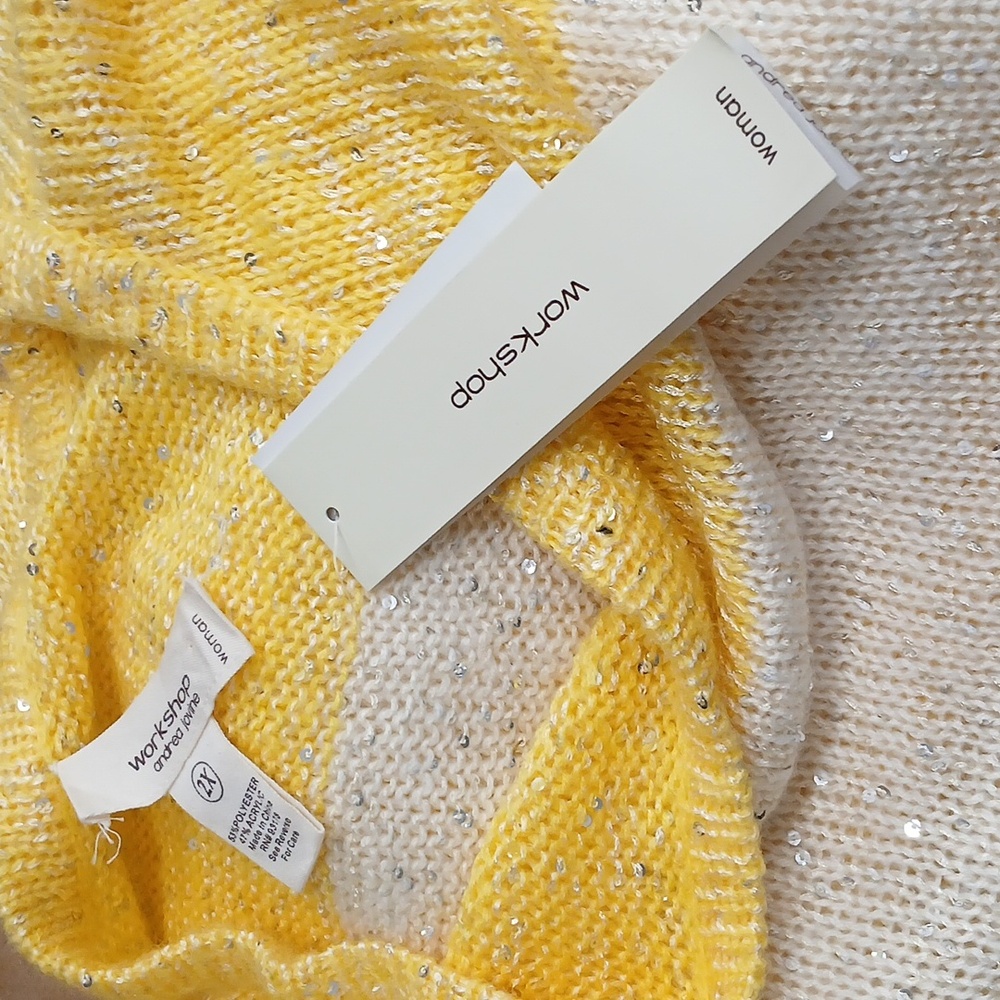 NWT Workshop Andrea Jovine Yellow White Sweater with Sparkly Sequin details / 2X - Picture 8 of 9
